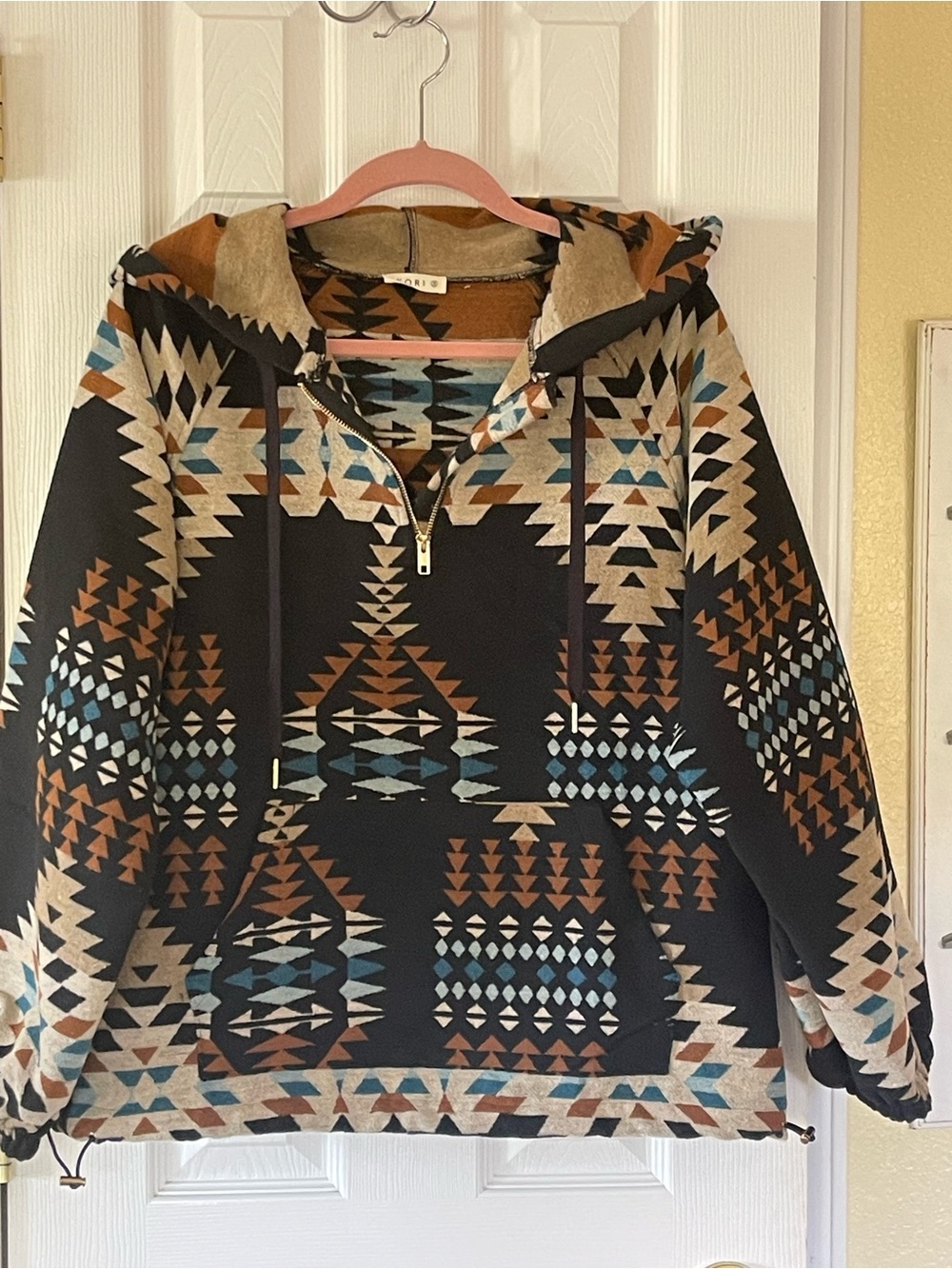 Kori Black Aztec Zip-Up Hoodie with Brown & Blue Accents